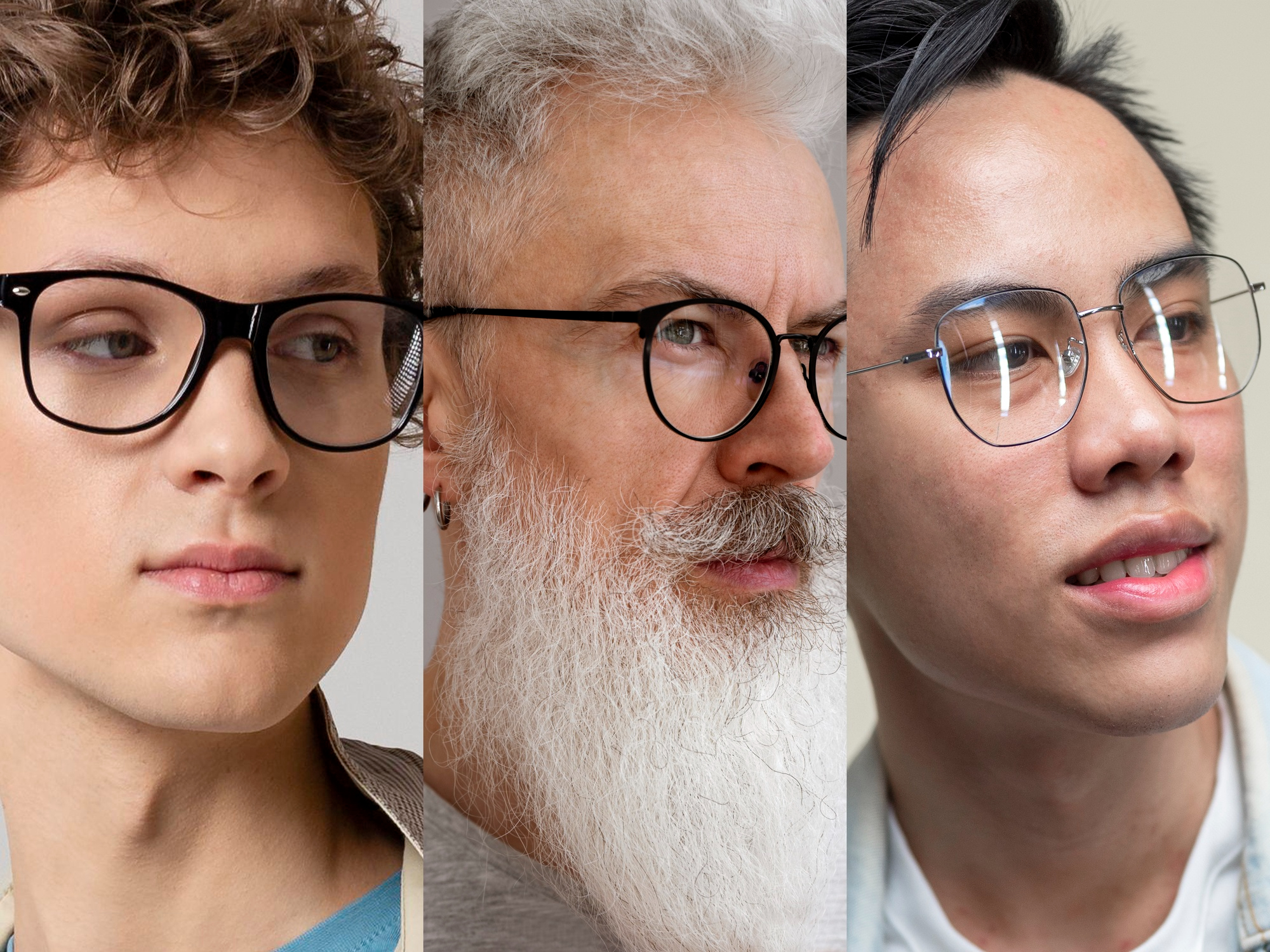 Collage of three people wearing glasses: a young woman with black frames on the left, an older man with gray hair and beard in the center, and a younger man with round metal frames on the right.