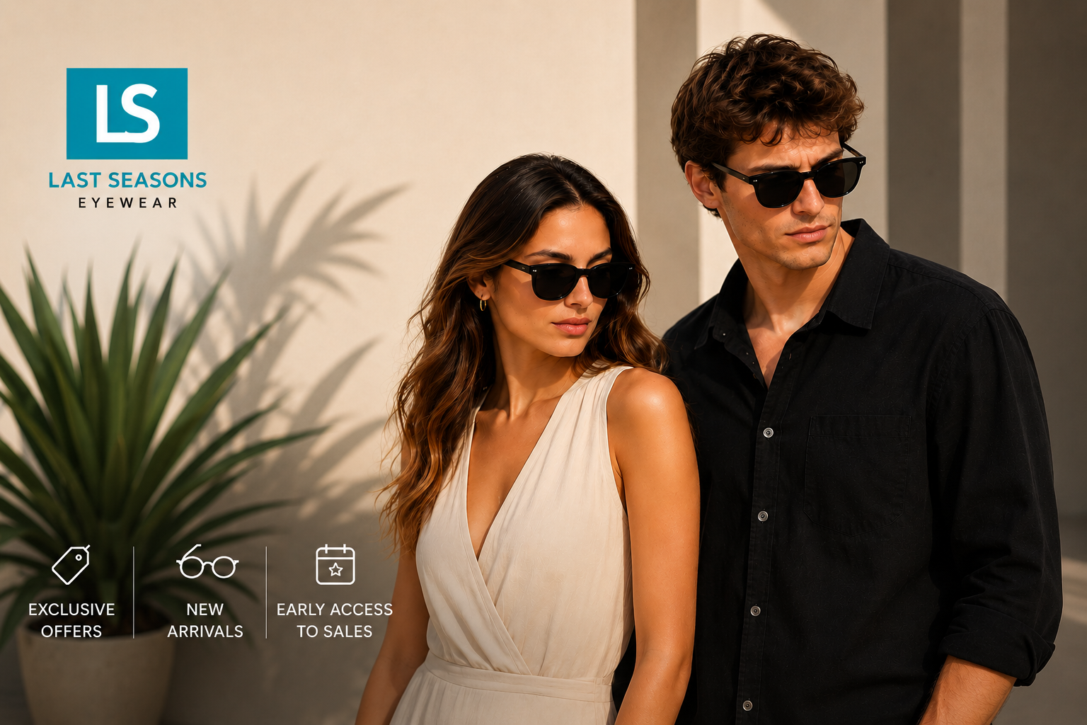 Advertisement for Last Seasons Eyewear featuring a man and woman in sunglasses with brand logo on the left and three promo icons (exclusive offers, new arrivals, early access to sales) at the bottom, in a sunny outdoor setting.
