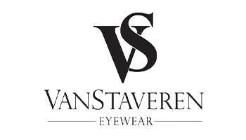 Van Staveren Eyewear logo with a large intertwined 'VS' monogram above the brand name and a horizontal line motif.